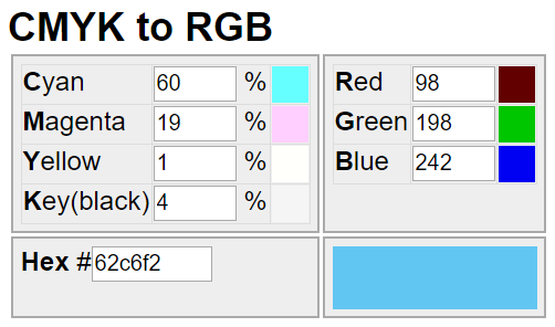 CMYK to RGB and HEX from Ginifab
