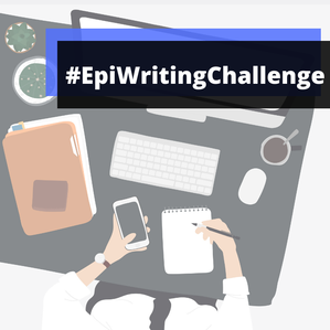 Epi Writing Challenge logo featuring clipart of a man sitting at a desk writing on a notepad with his phone and an overlay of the title